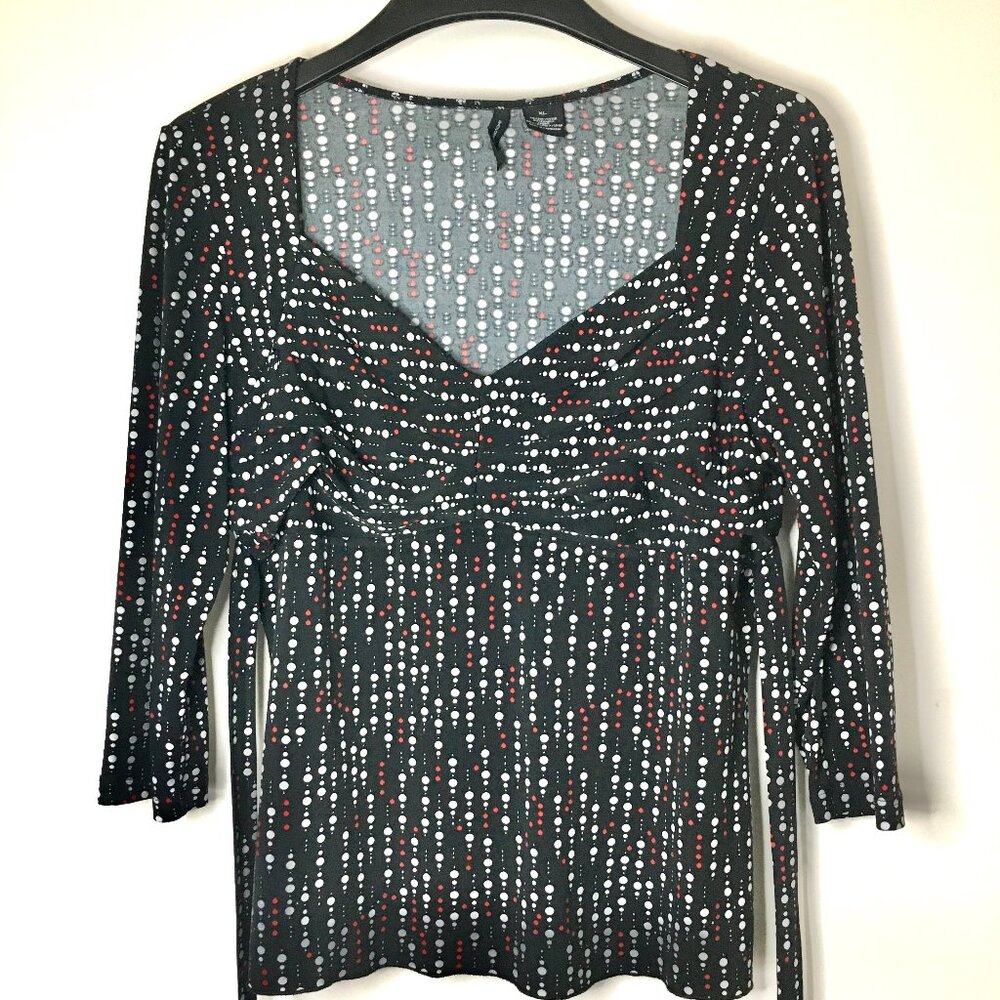 New Directions 3/4 sleeve tie back blouse , black with white and red dots , XL